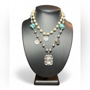Chunky Layered Statement Crystal Pendant Faux Pearl Turquoise Medallion Necklace